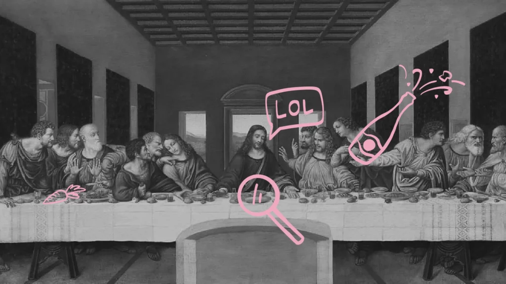 Ein Bild zeigt das letzte Abendmahl von Jesus mit seinen Jüngern verziehrt mit kreativem Vandalismus in pink.