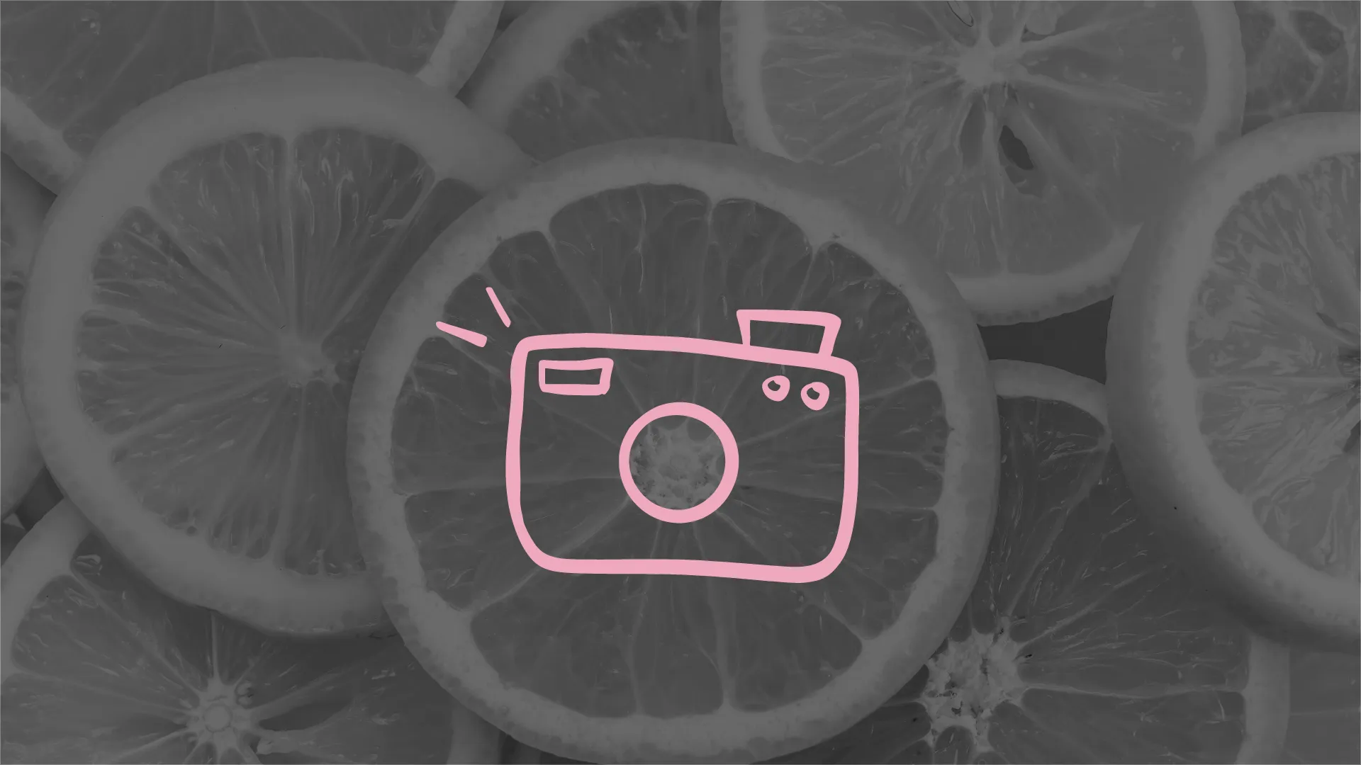 Ein bild zeigt eine illustrierte Kamera mit gedchnittenen Orangen im Hintergund.