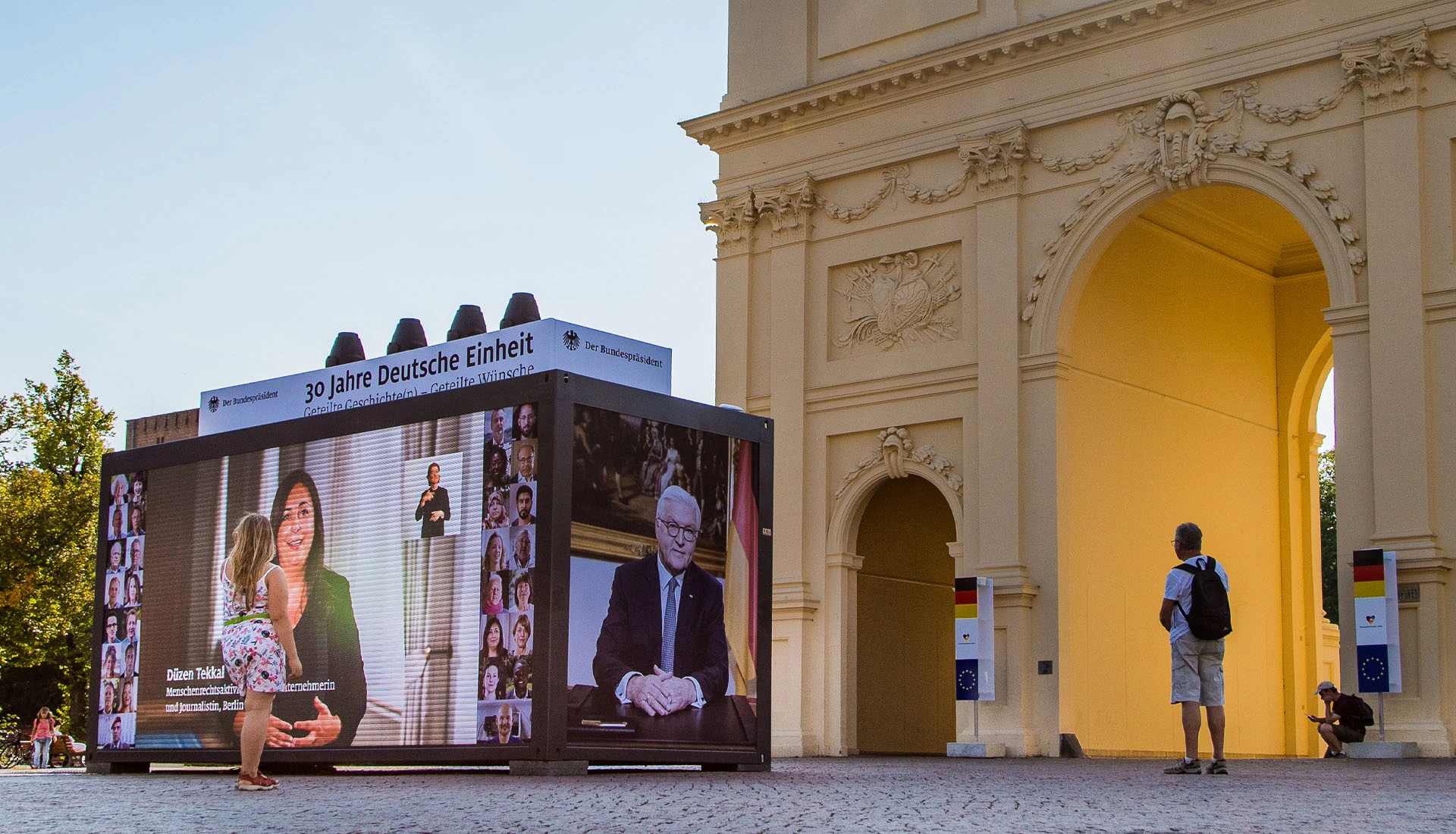 A picture shows Federal President Frank-Walter Steinmeier at the Brandenburg Gate to mark the anniversary 