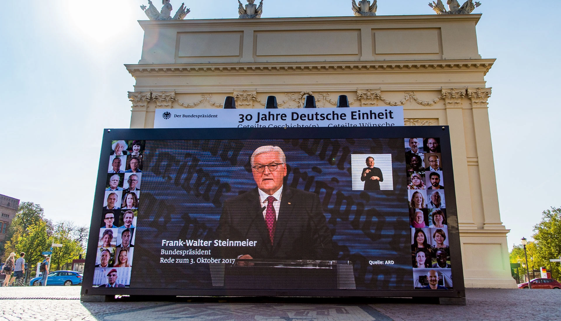 A picture shows Federal President Frank-Walter Steinmeier giving a speech to mark the anniversary 