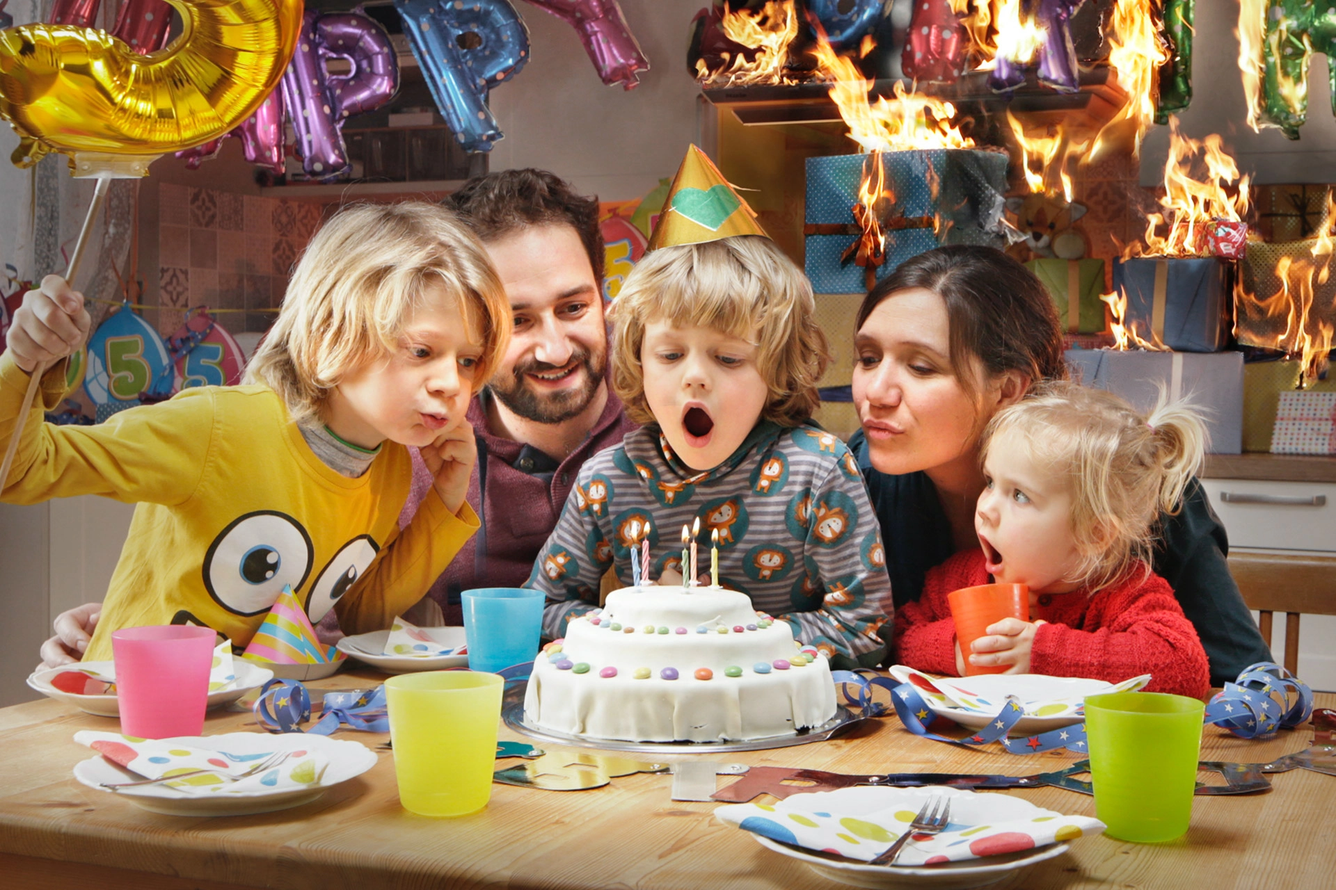 One picture shows a family at the table and the two children blowing out candles for the campaign 