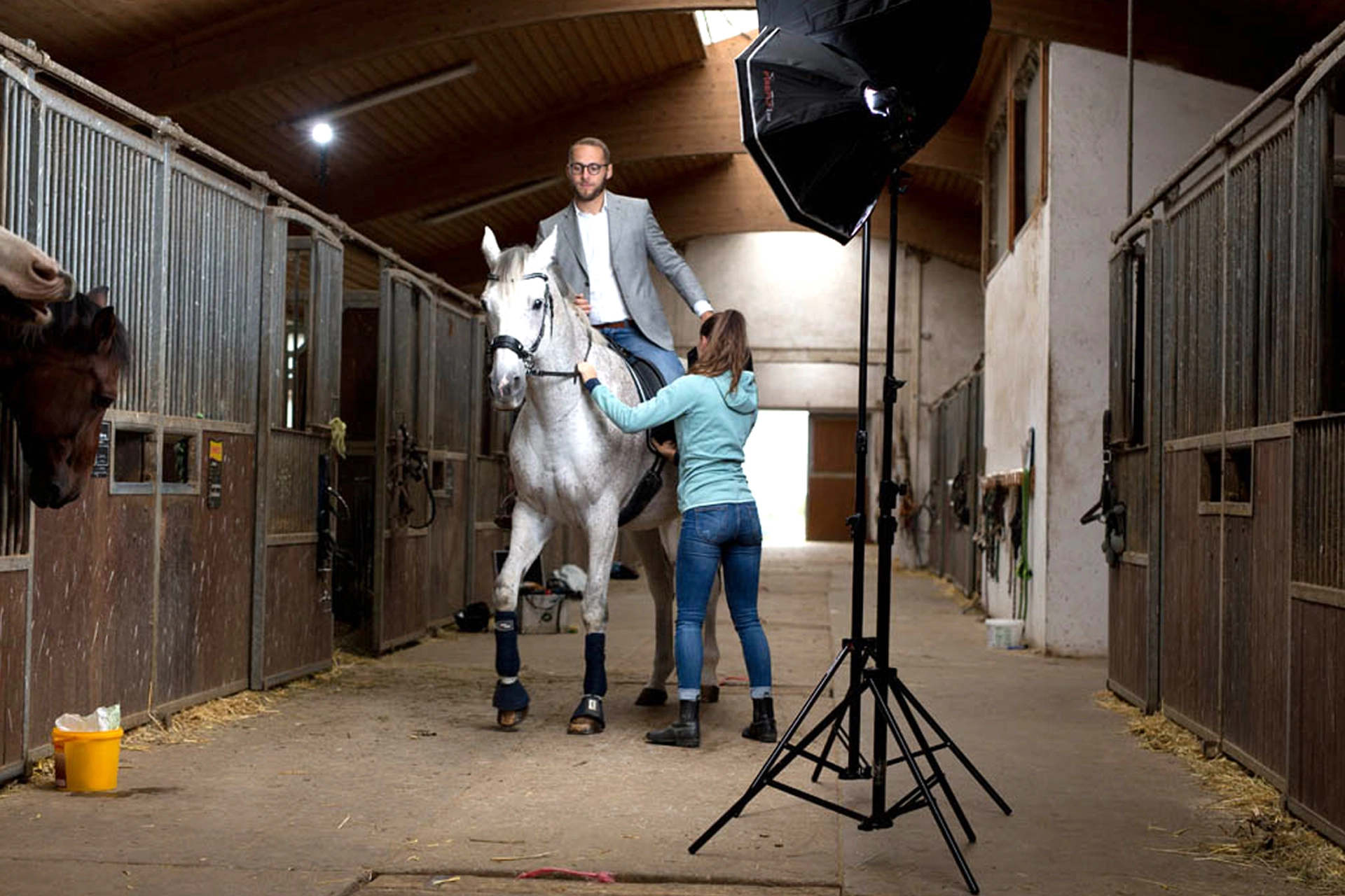 One picture shows a man on a horse for the campaign 