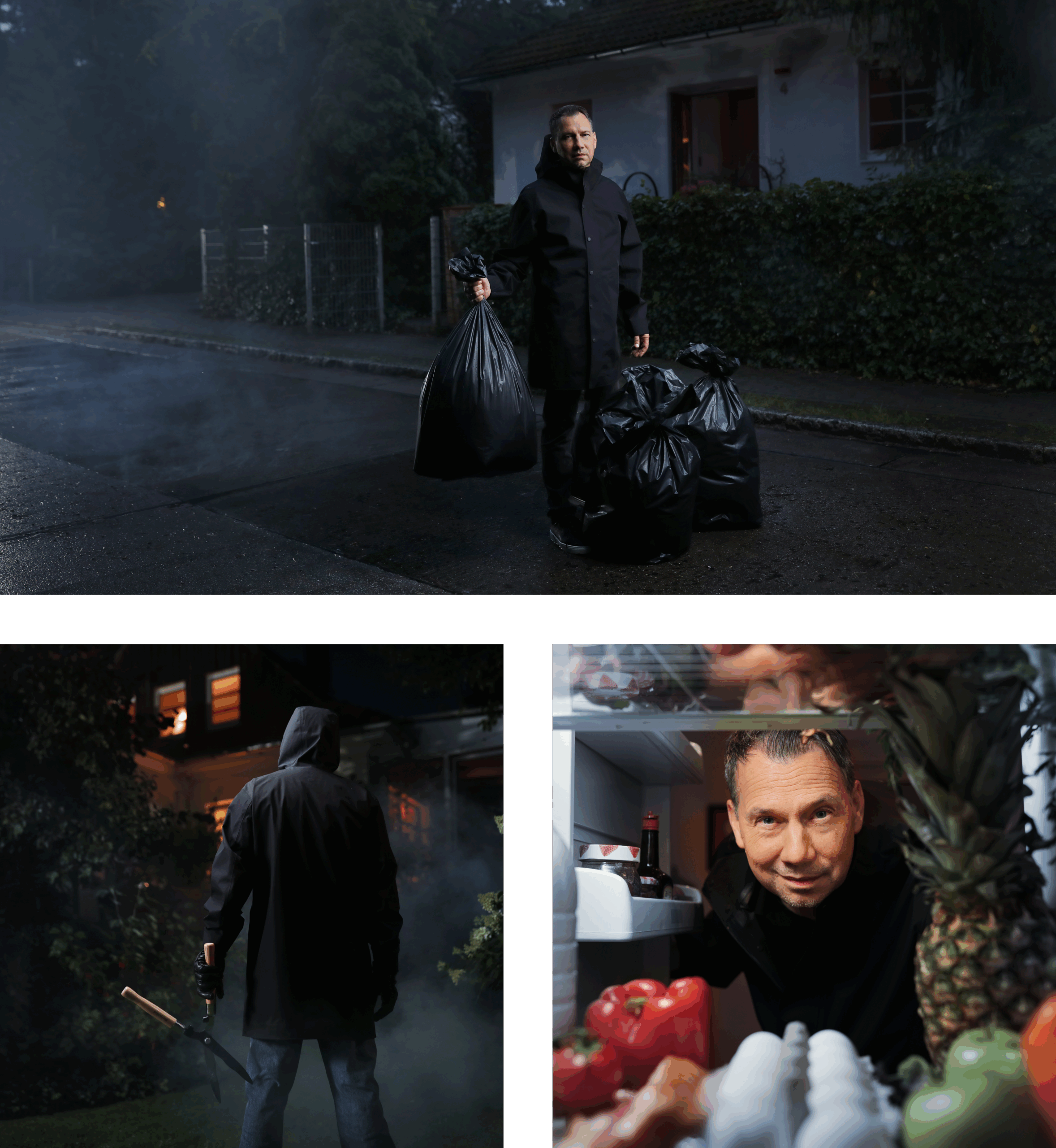 Sebastian Fitzek "Der Nachbar" bringt Müll raus, füllt den Kühlschrank, schneidet die Hecke - Collage