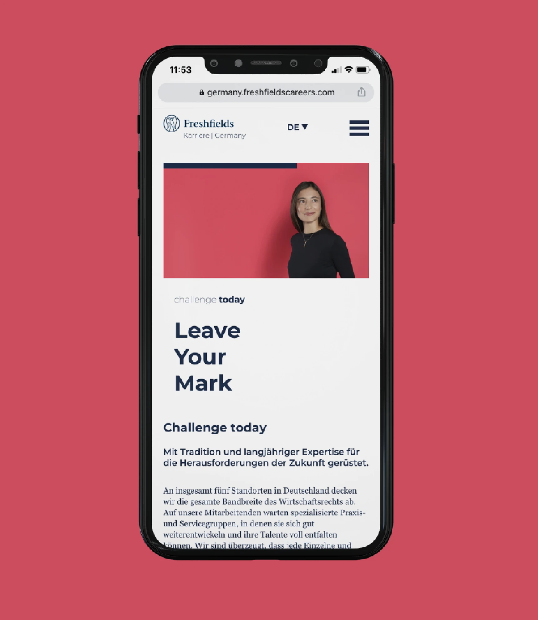 A picture shows the Freshfields Rechtsanwälte social media mobile for the "challenge today" campaign.