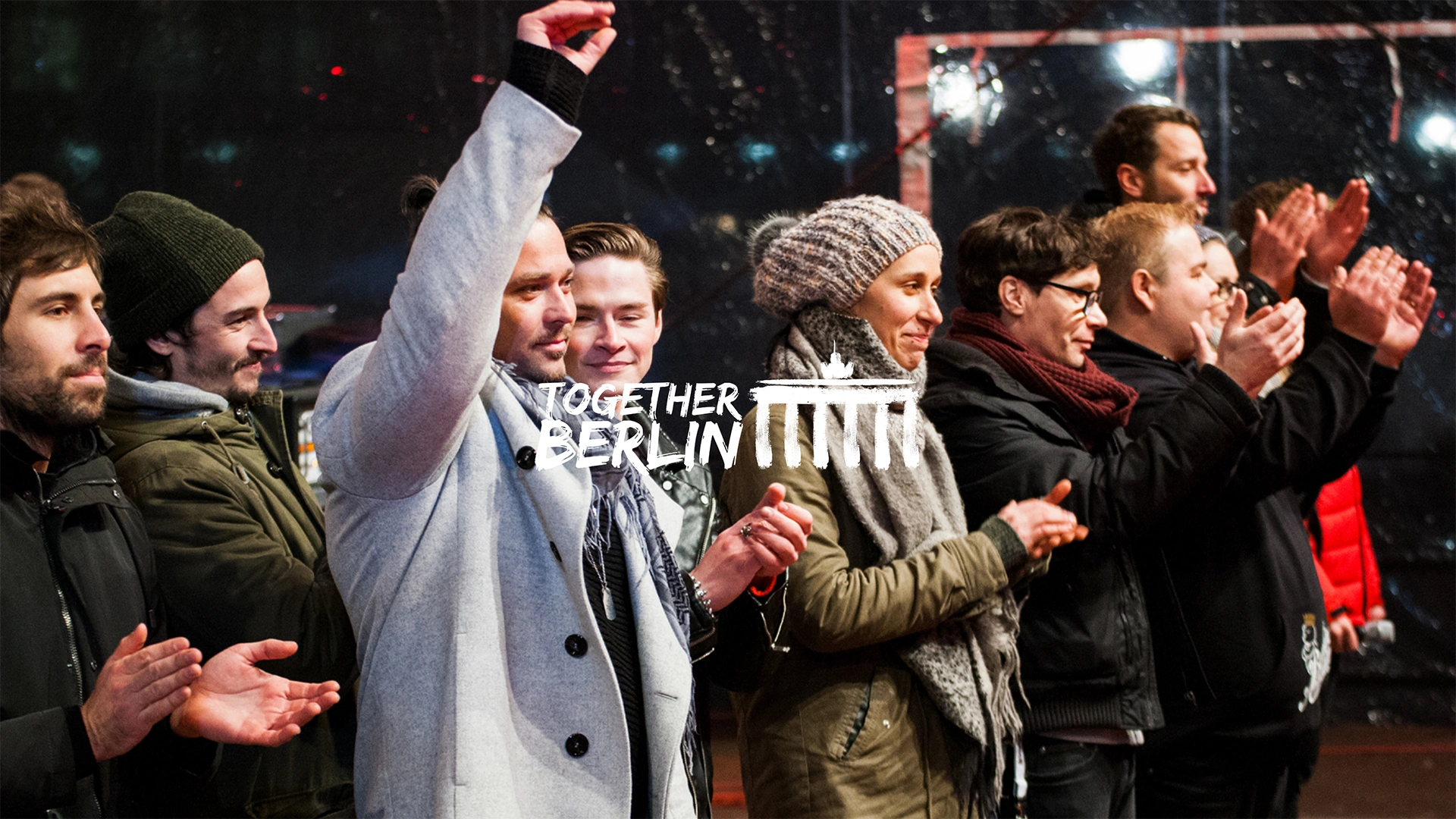 A picture shows the logo of Together Berlin, a memorial concert at the capital's landmark