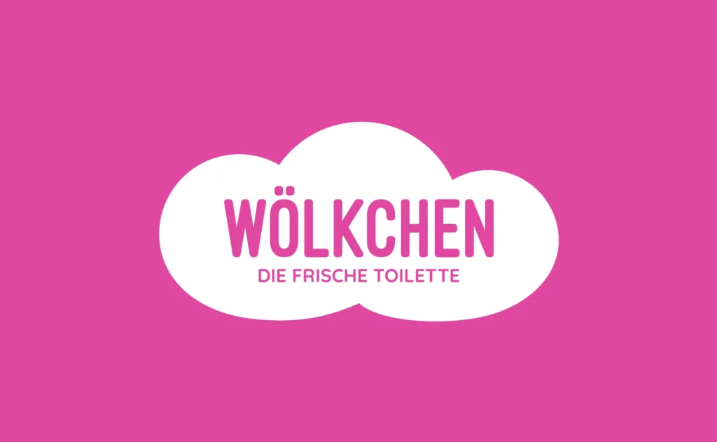 One picture shows the logo of Wölkchen - The fresh toilet on a pink background.