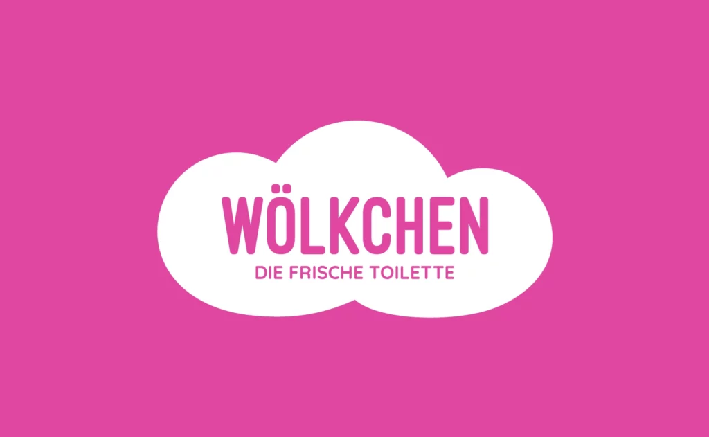 Ein Bild zeigt das Logo von Wölkchen - Der frische Toilette auf pinkem Hintergund.